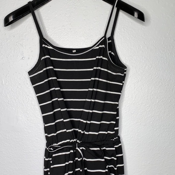 Black and White Striped Tank Top Strappy Romper Jumpsuit with waist Tie - Picture 2 of 3